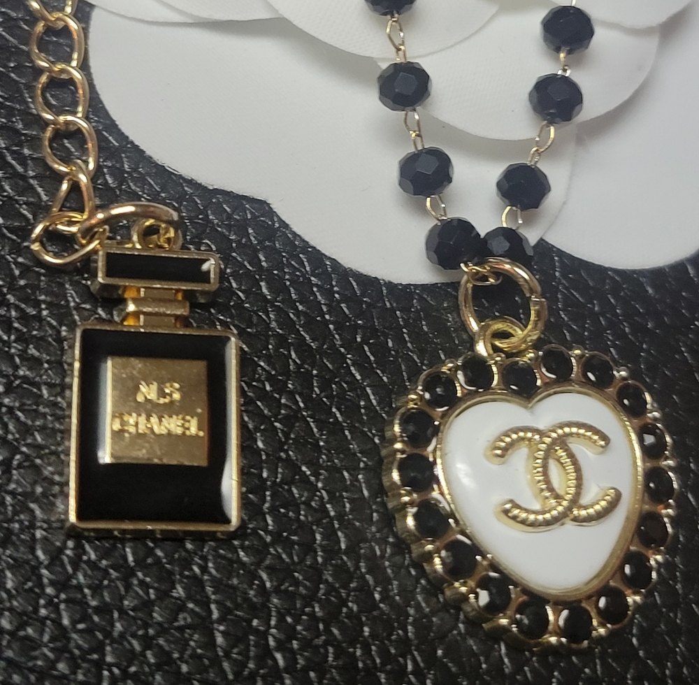 Custom made CC charm Black & White Heart Pendant Necklace, 17-19 inches